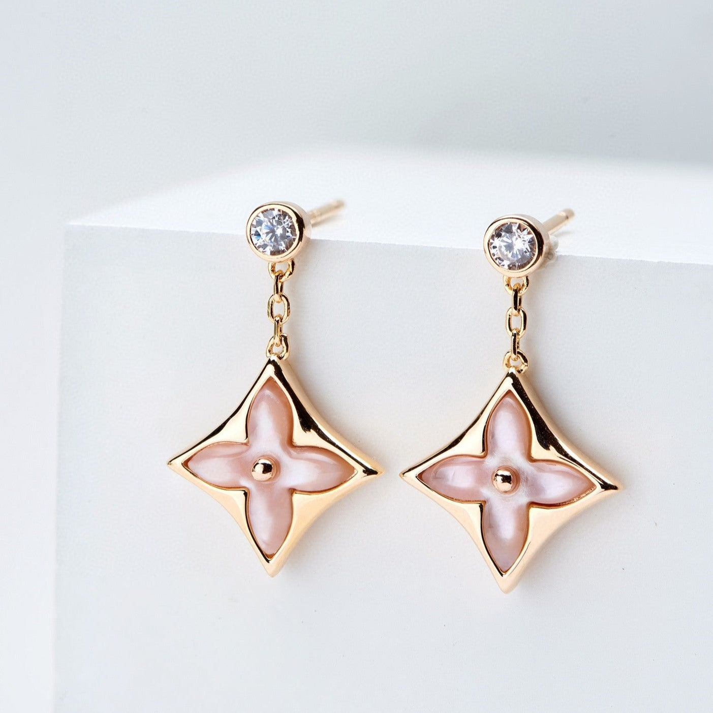 [Eterna Jewels]DOUBLE STAR PINK GOLD MOP DROP EARRINGS