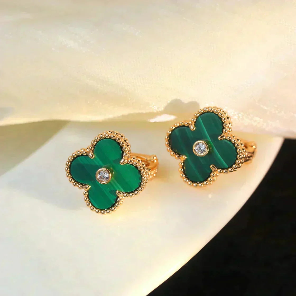 [Eterna Jewels]CLOVER MEDIUM 1 MOTIFS MALACHITE DIAMOND EARRINGS