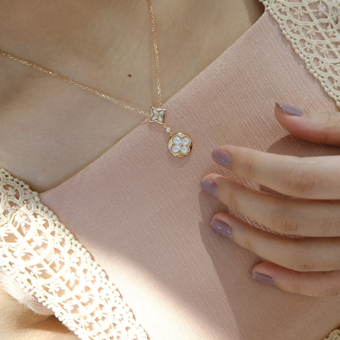 [Eterna Jewels]STAR AND SUN WHITE MOP 2 MOTIF PINK GOLD NECKLACE