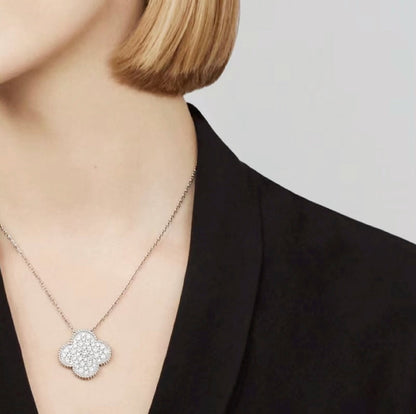 [Eterna Jewels]CLOVER 25MM LARGE PENDANT DIAMOND PAVED SILVER NECKLACE