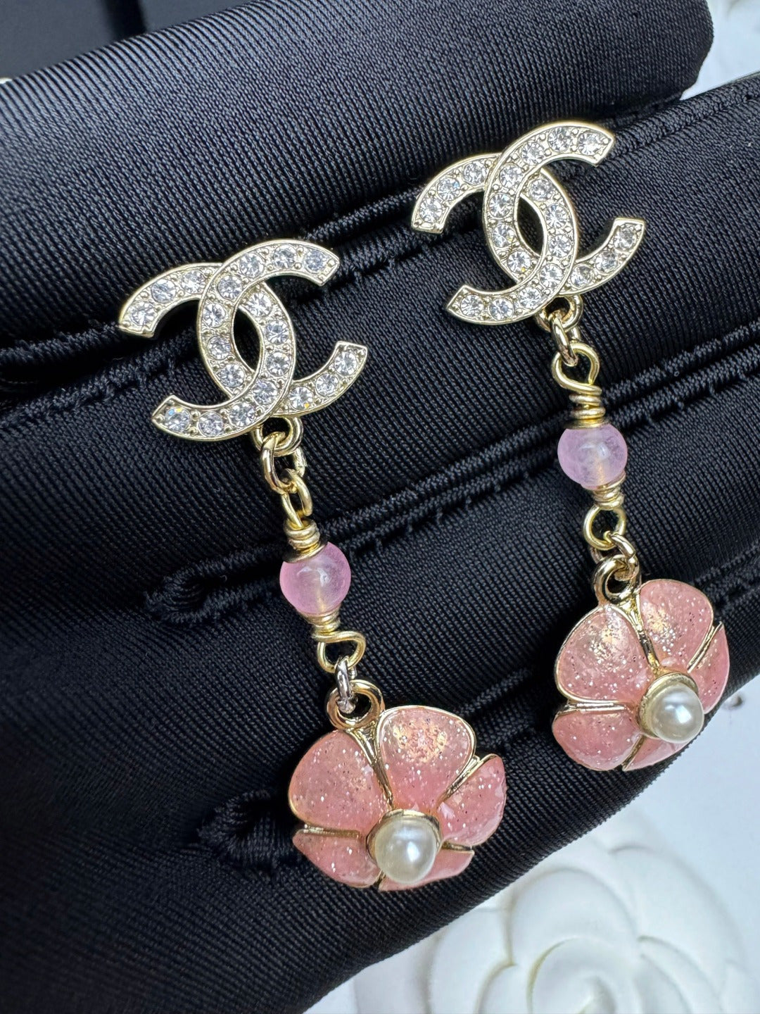 [Eterna Jewels]26C Pink Camellia Enamel Pendant with Double C Earrings