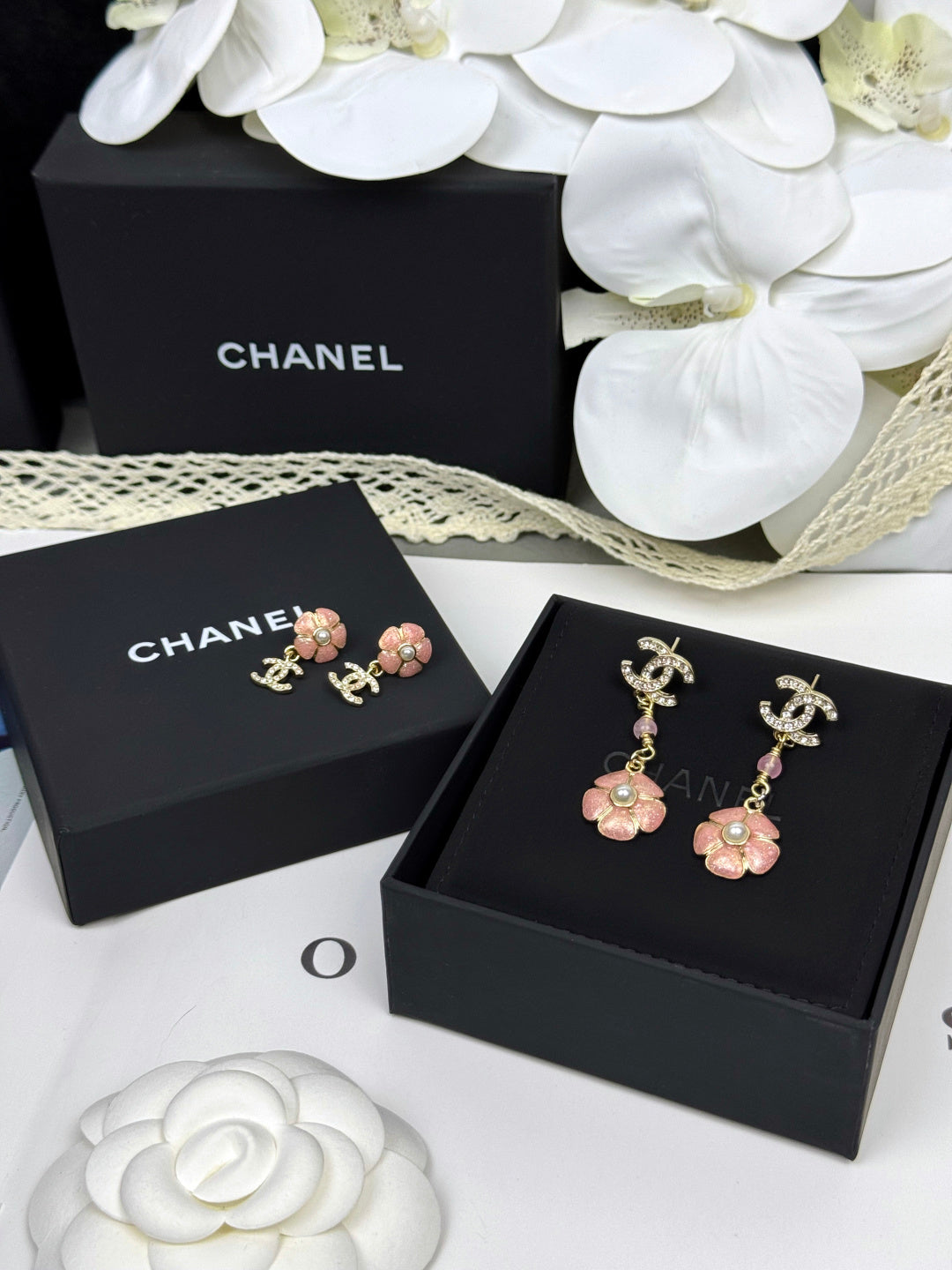 [Eterna Jewels]26C Pink Camellia Enamel Pendant with Double C Earrings