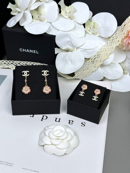[Eterna Jewels]26C Pink Camellia Enamel Pendant with Double C Earrings