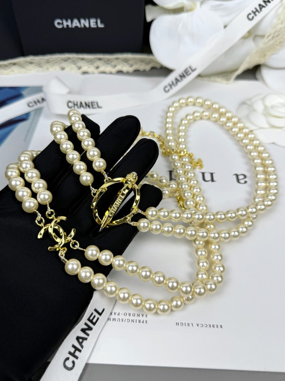 [Eterna Jewels]25K Pencil Double C Double-Layer Pearl Sweater Chain