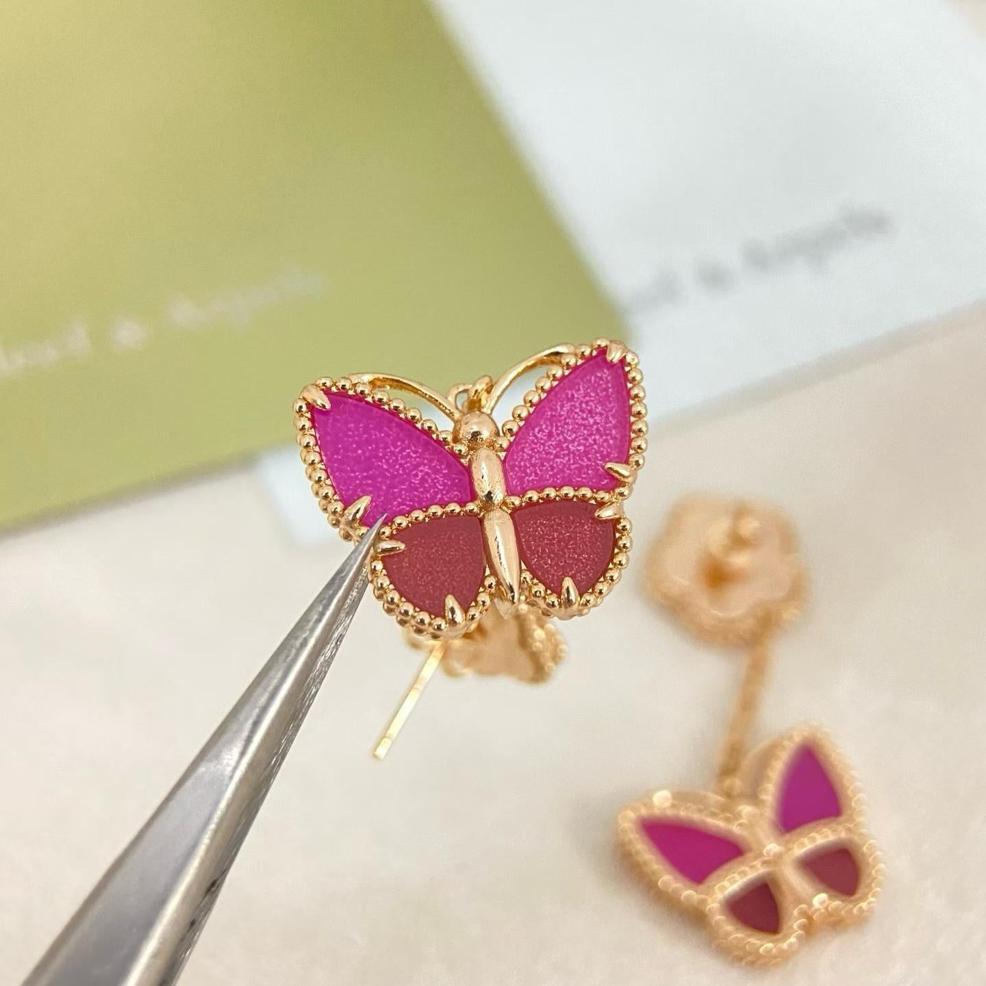 [Renovia Jewelry]ROSE QUARTZ TWO‑FLOWER BUTTERFLY DROP EARRINGS