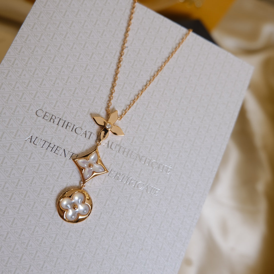 [Eterna Jewels]COLOR BLOSSOM LARIAT NECKLACE PINK GOLD WHITE MOTHER PEARL AND DIAMOND