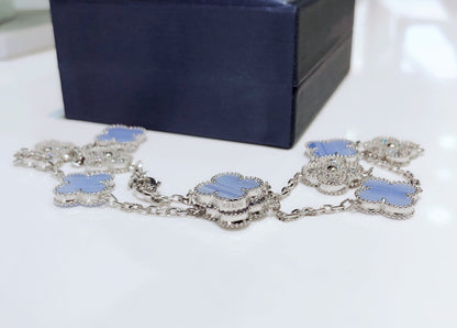[Eterna Jewels]CLOVER 10 MOTIFS CHALCEDONY DIAMONDS SILVER NECKLACE